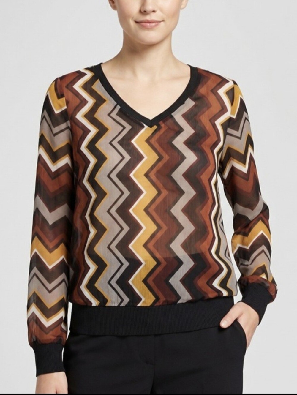 Missoni Womens Brown Chevron V-Neck Long Sleeve Top
